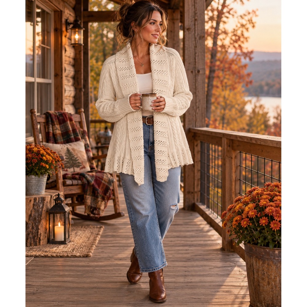 Cream Cable Knit Cardigan XL Shawl Collar Cabincore Fisherman Layering Cozy Fall